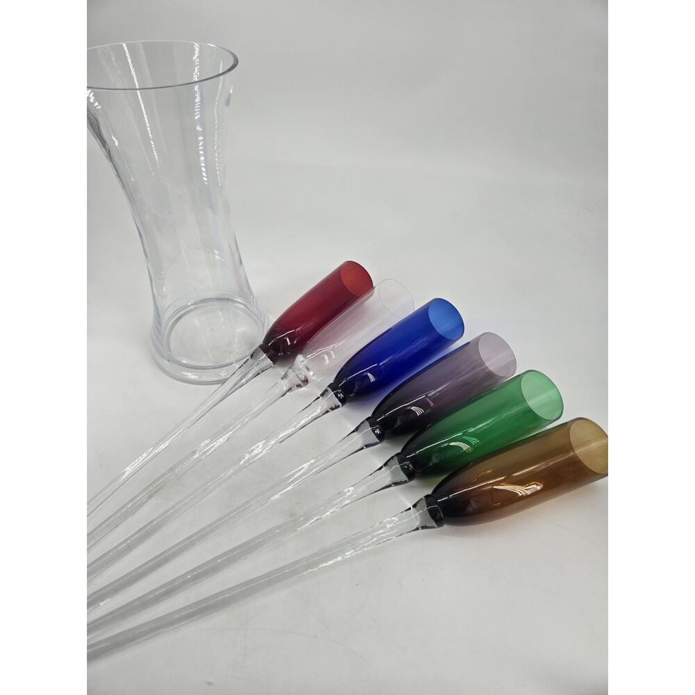 Vtg 6 Hand Blown 17" Multicolor Champagne Long Stem Bouquet Glasses Plus Holder - Picture 3 of 10